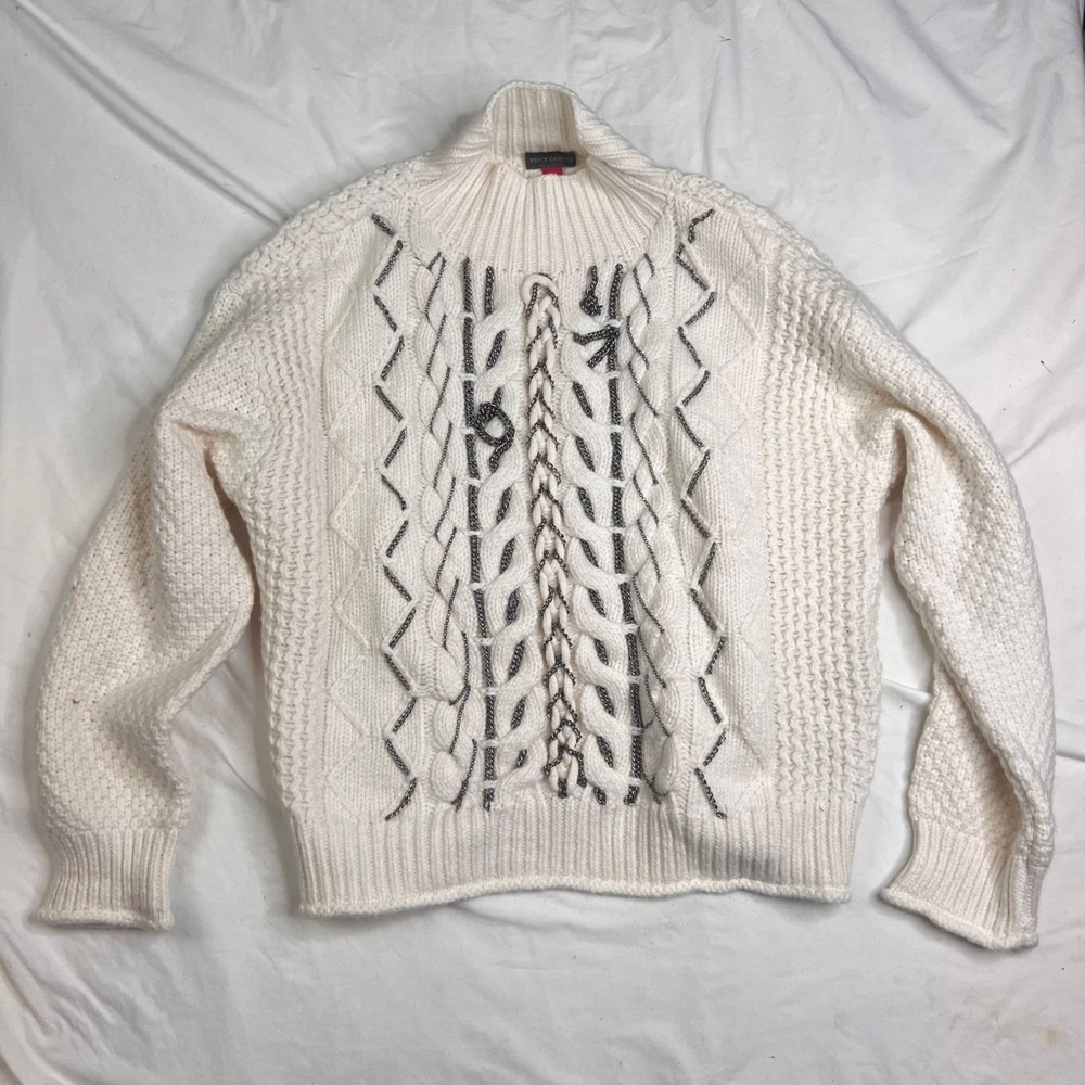 Vince Camuto Sweater Womens M Chunky Cable Knit Chain Detail Pull Over A040124 - Picture 1 of 6